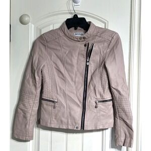 CoffeeShop Kids‎ Full Cross Zip Mock Neck Faux-Leather Beige Biker Jacket Sz L